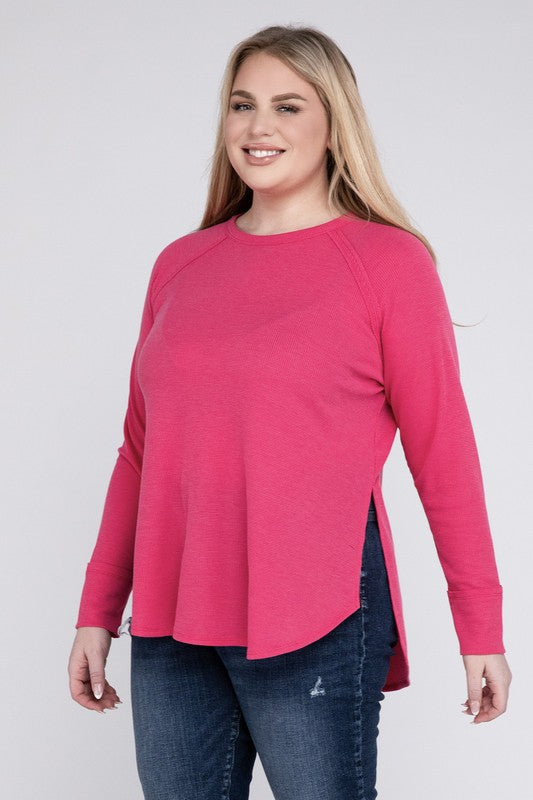 Plus Melange Baby Waffle Long Sleeve Top Plus Tops