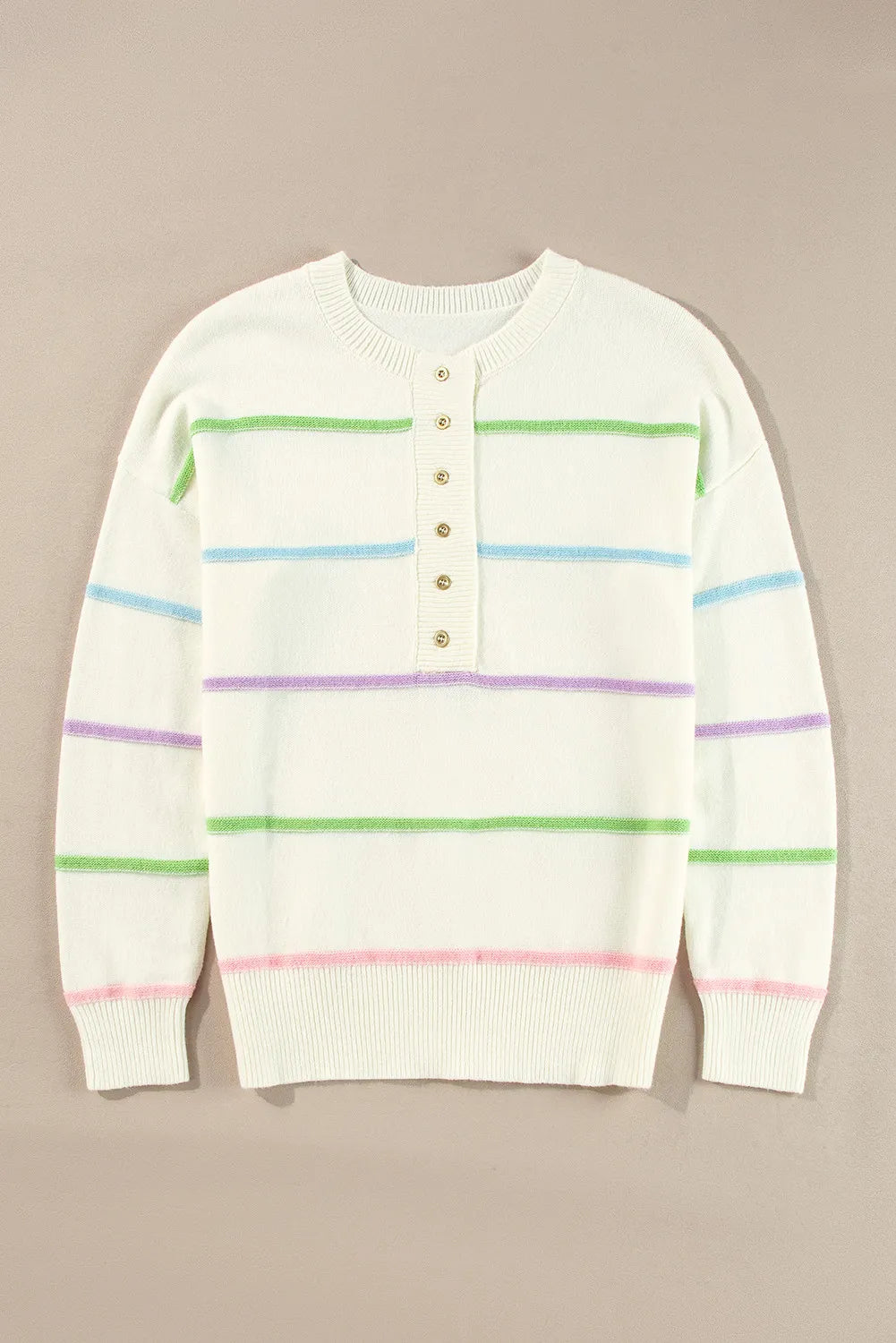 Contrast Striped Half Button Round Neck Sweater | Sweaters Daverri Fashions