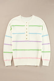 Contrast Striped Half Button Round Neck Sweater | Sweaters Daverri Fashions