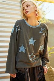 CHARCOAL M POL Exposed Seam Relaxed Fit Sweater with Star Denim Patch | Sweaters Daverri Fashions