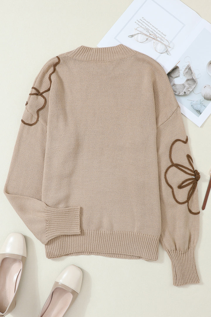 Floral Round Neck Drop Shoulder Sweater | Sweaters Daverri Fashions