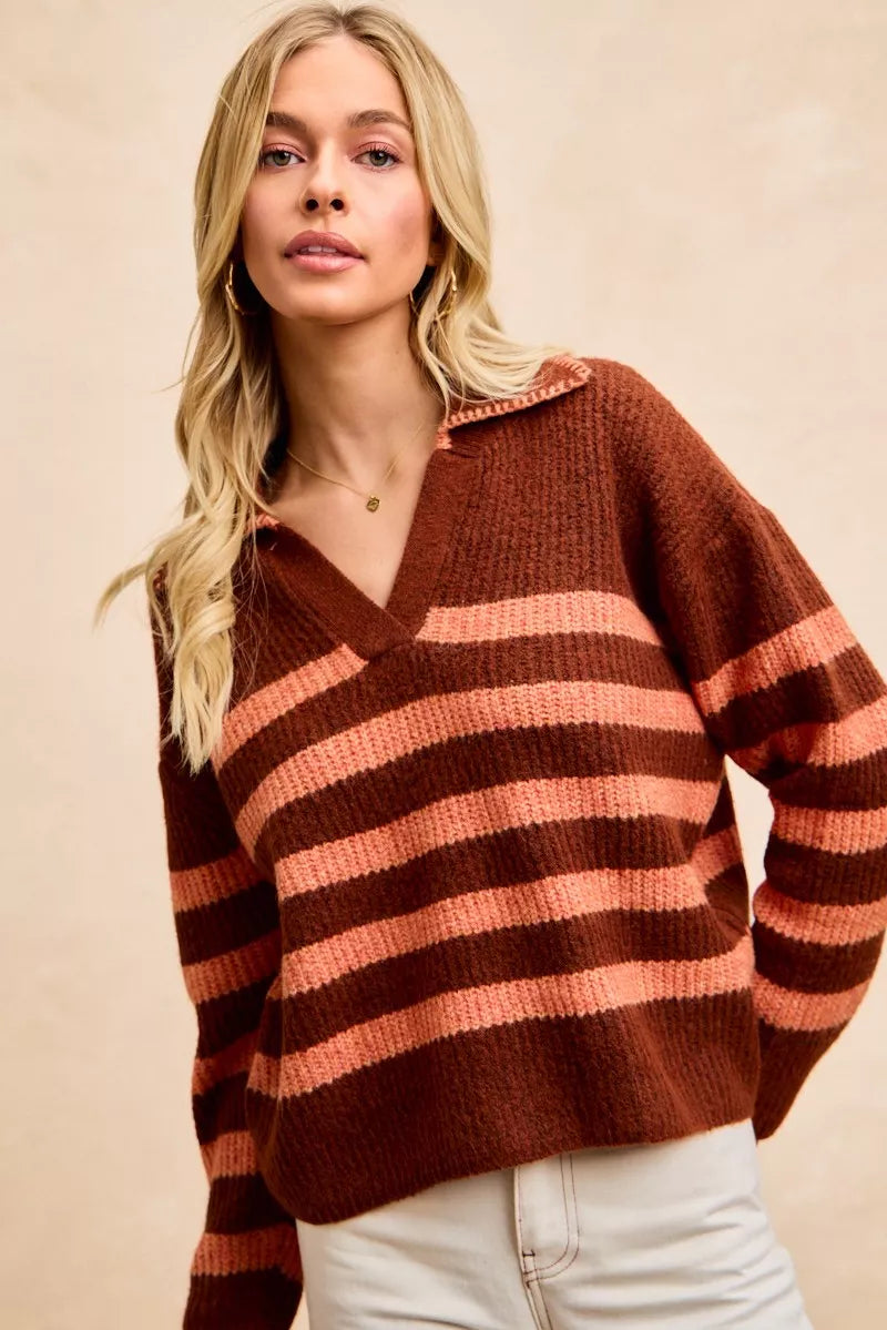 BiBi Striped Sweater Top with Collar Stitched Details | Sweaters Daverri Fashions