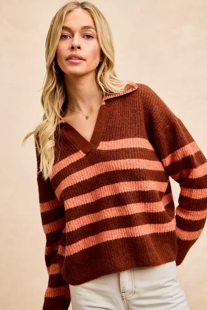 BiBi Striped Sweater Top with Collar Stitched Details - DAVERRI FASHIONS