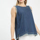 Umgee sleeveless fringe hem denim top in blue with frayed edges