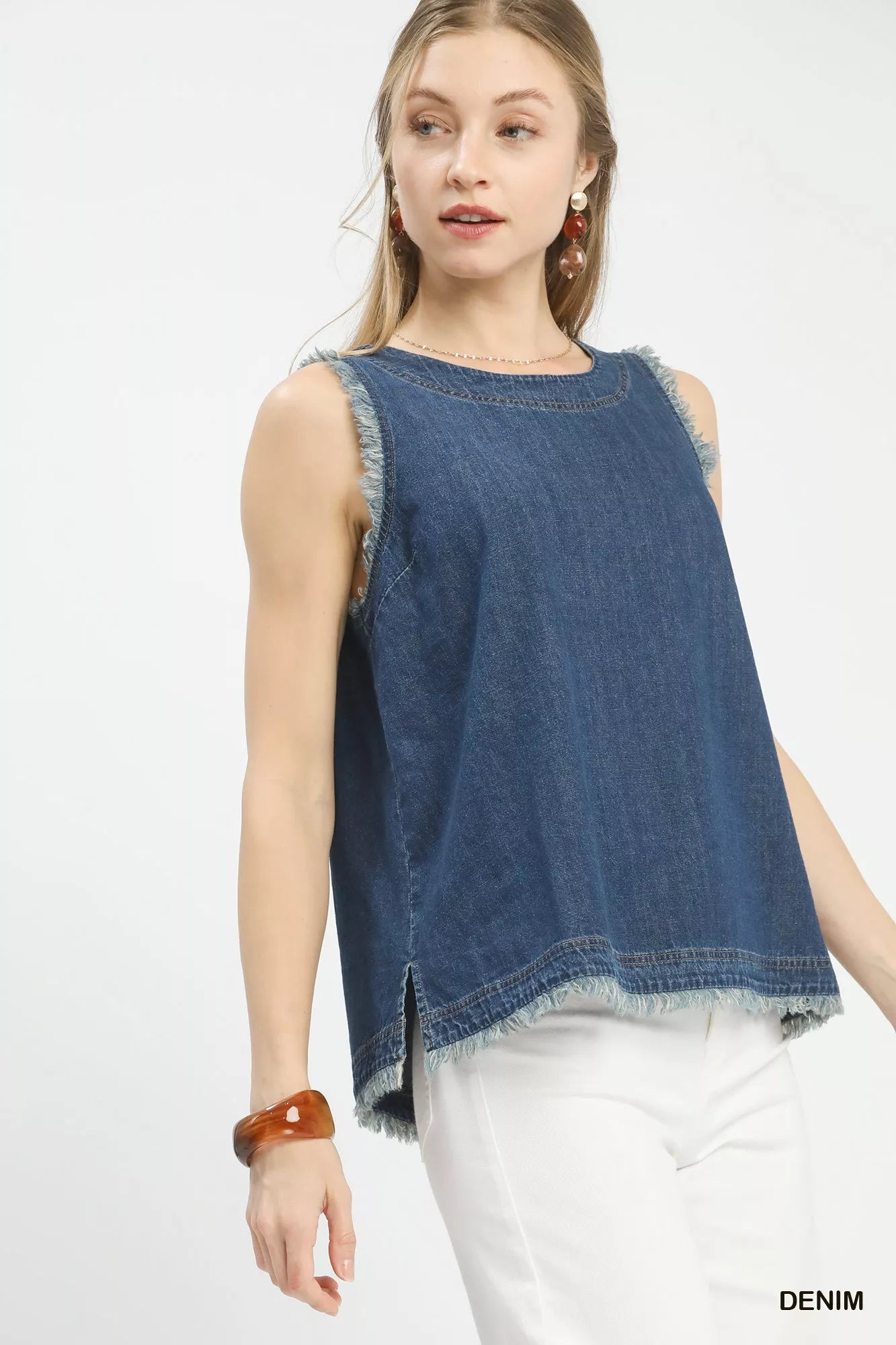 Umgee sleeveless fringe hem denim top in blue with frayed edges