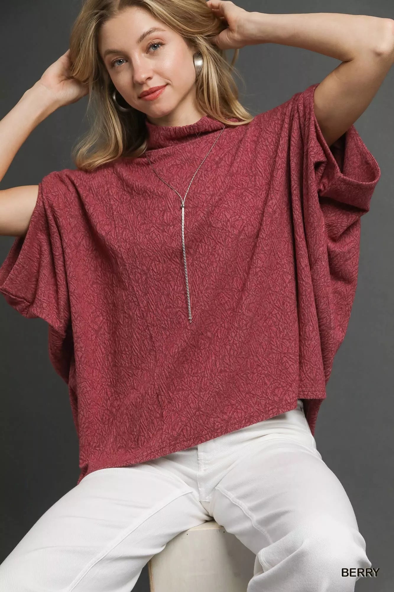 Umgee Textured Mock Neck Relaxed Top | Blouses Daverri Fashions
