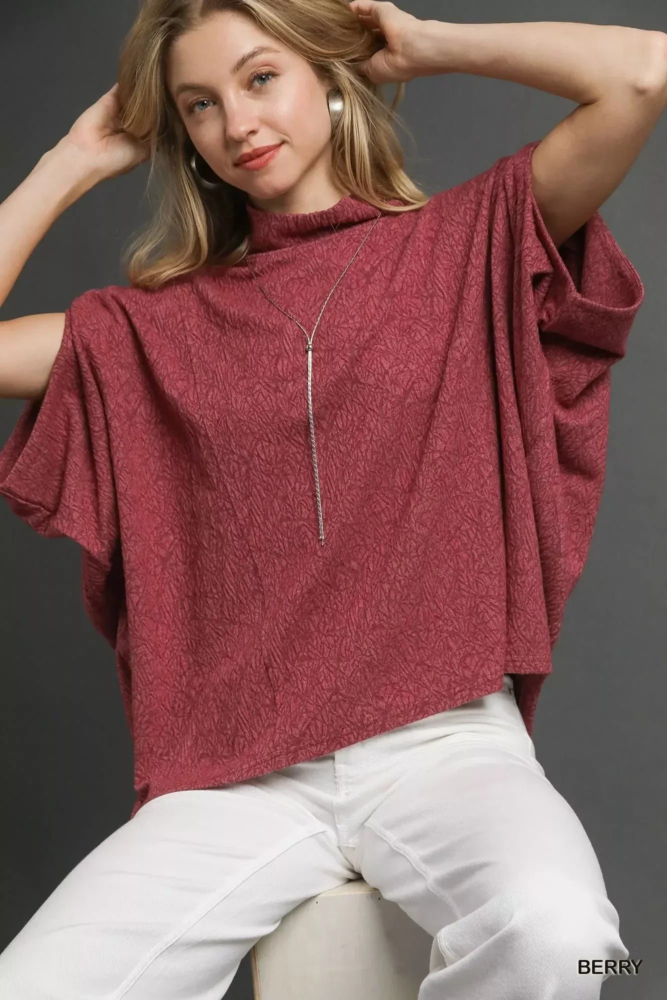 Umgee Textured Mock Neck Relaxed Top - DAVERRI FASHIONS
