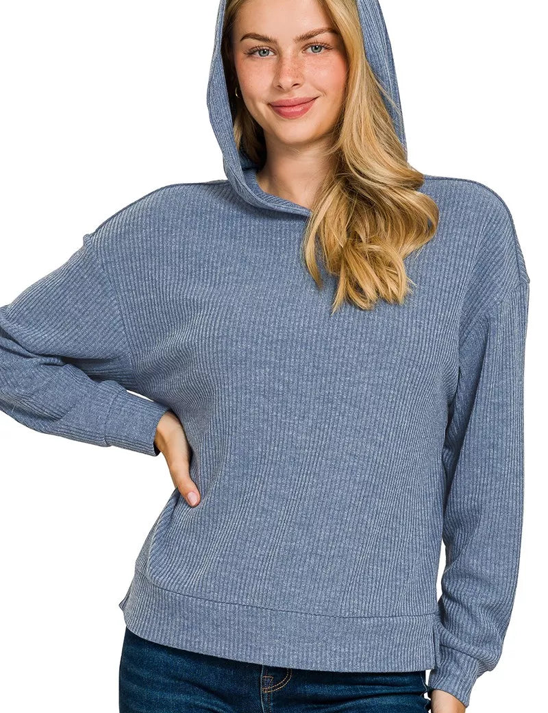 Ribbed Long Sleeve Hoodie Dusty Blue | Hoodies Daverri Fashions