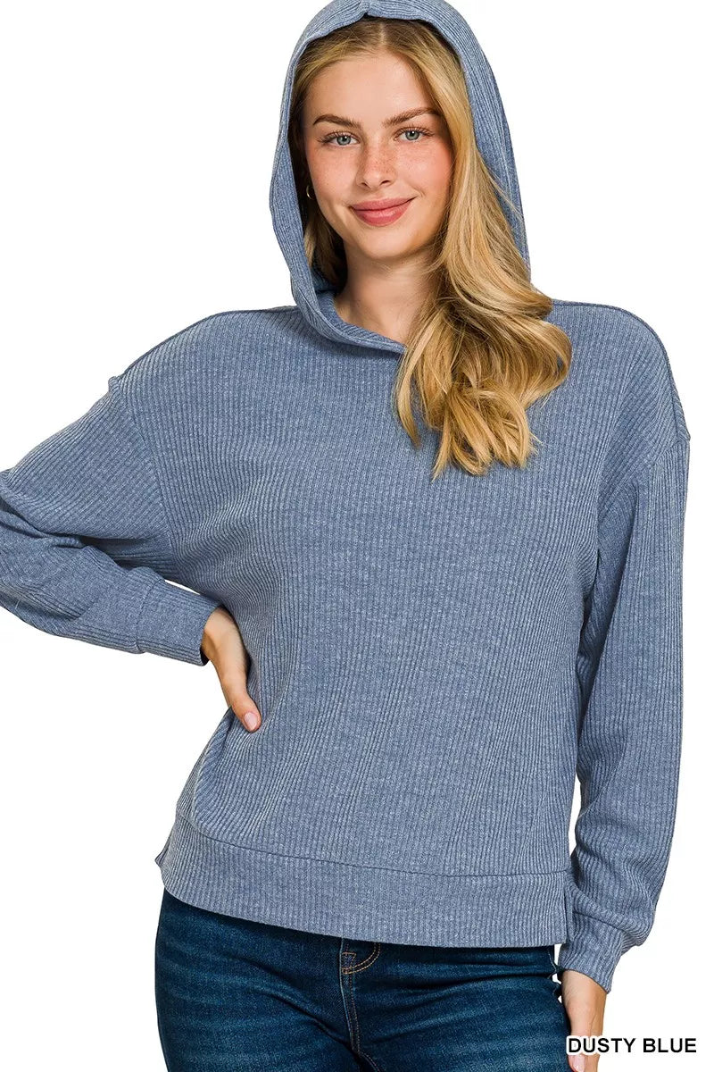 Ribbed Long Sleeve Hoodie Dusty Blue | Hoodies Daverri Fashions