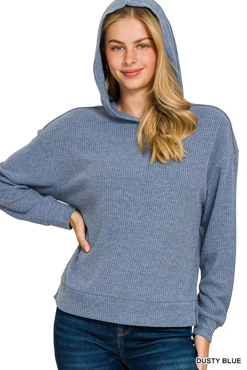 Ribbed Long Sleeve Hoodie Dusty Blue - DAVERRI FASHIONS