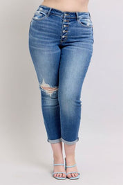 Judy Blue Full Size Button Fly Distressed Jeans with Pockets Jeans