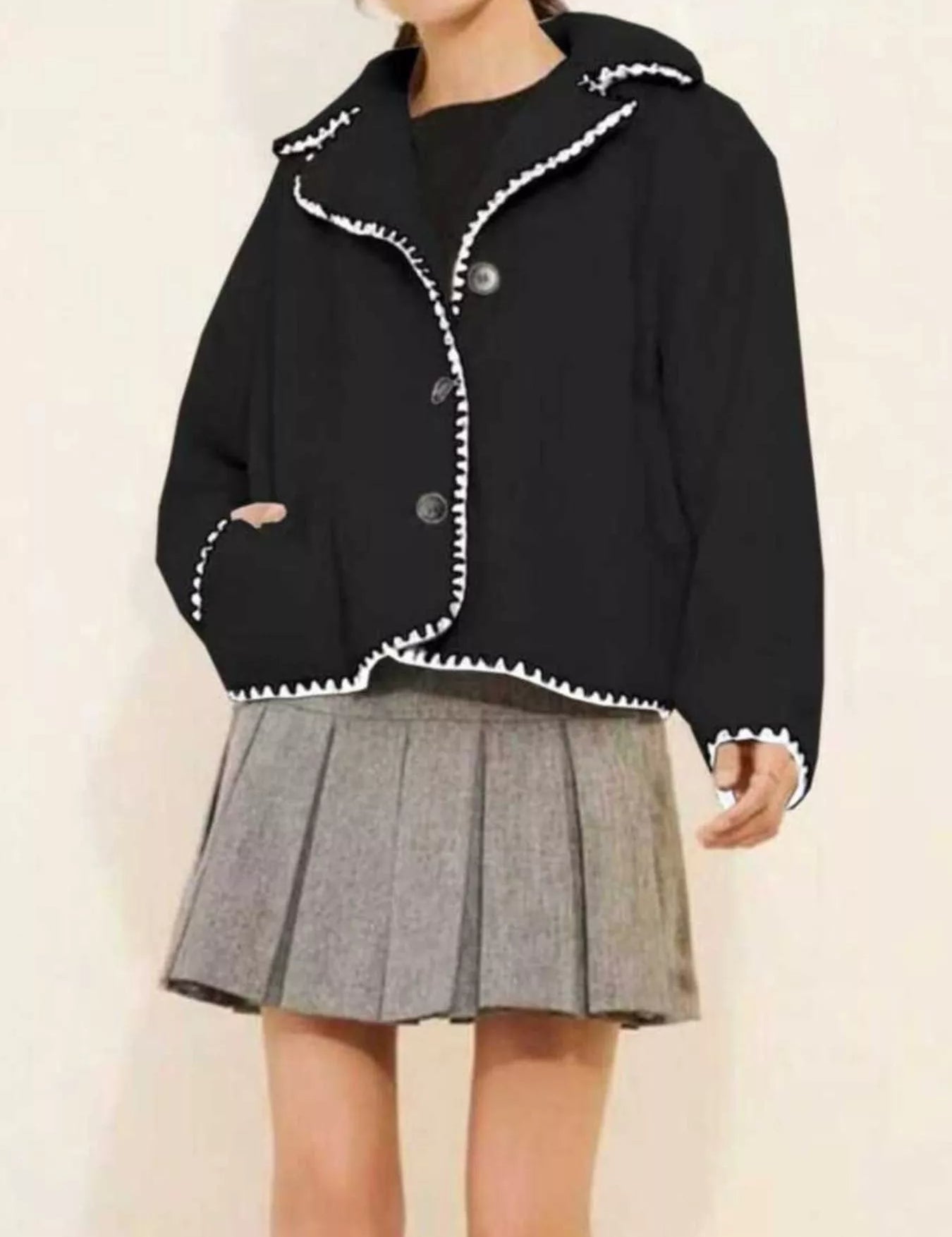 Black Sherpa Contrast Trim Button Up Jacket | Jackets Daverri Fashions