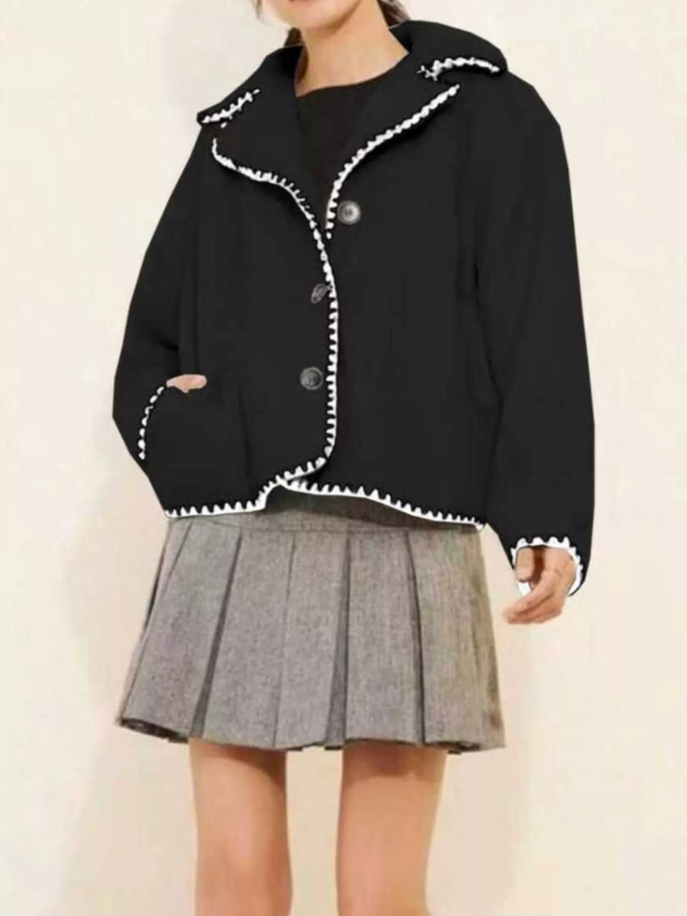 Black Sherpa Contrast Trim Button Up Jacket | Jackets Daverri Fashions