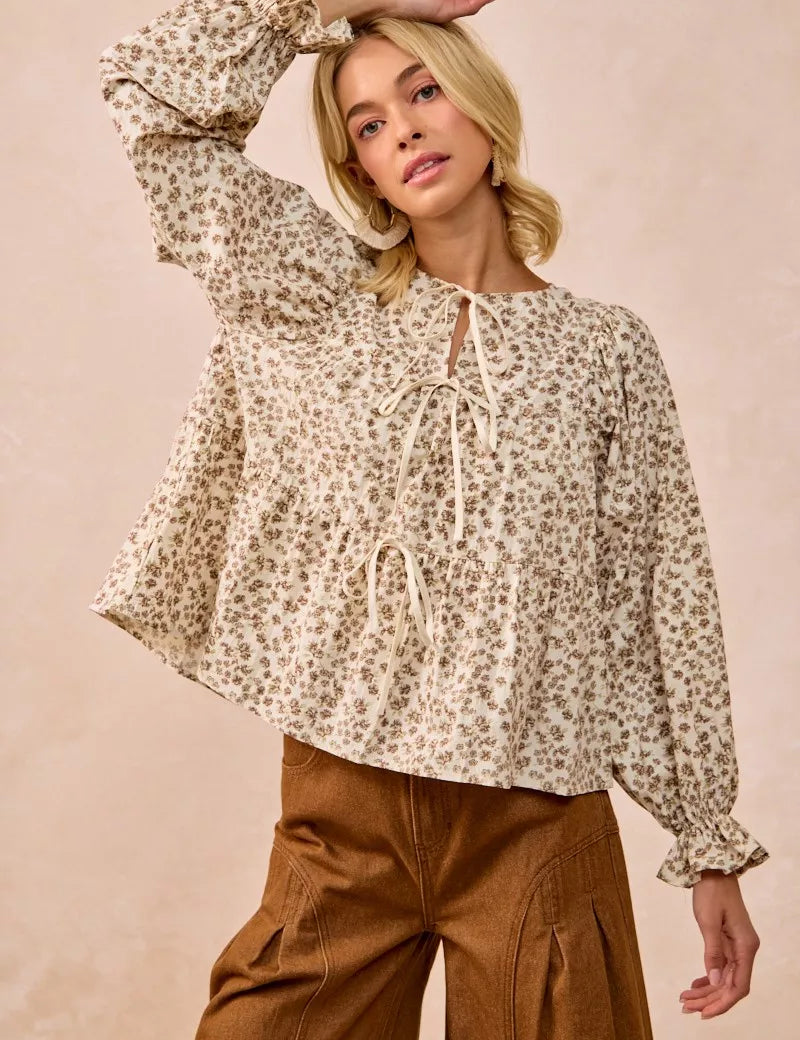 OATMEAL BiBi Floral Printed Peplum Blouse with Shirring and Tied | Blouses Daverri Fashions