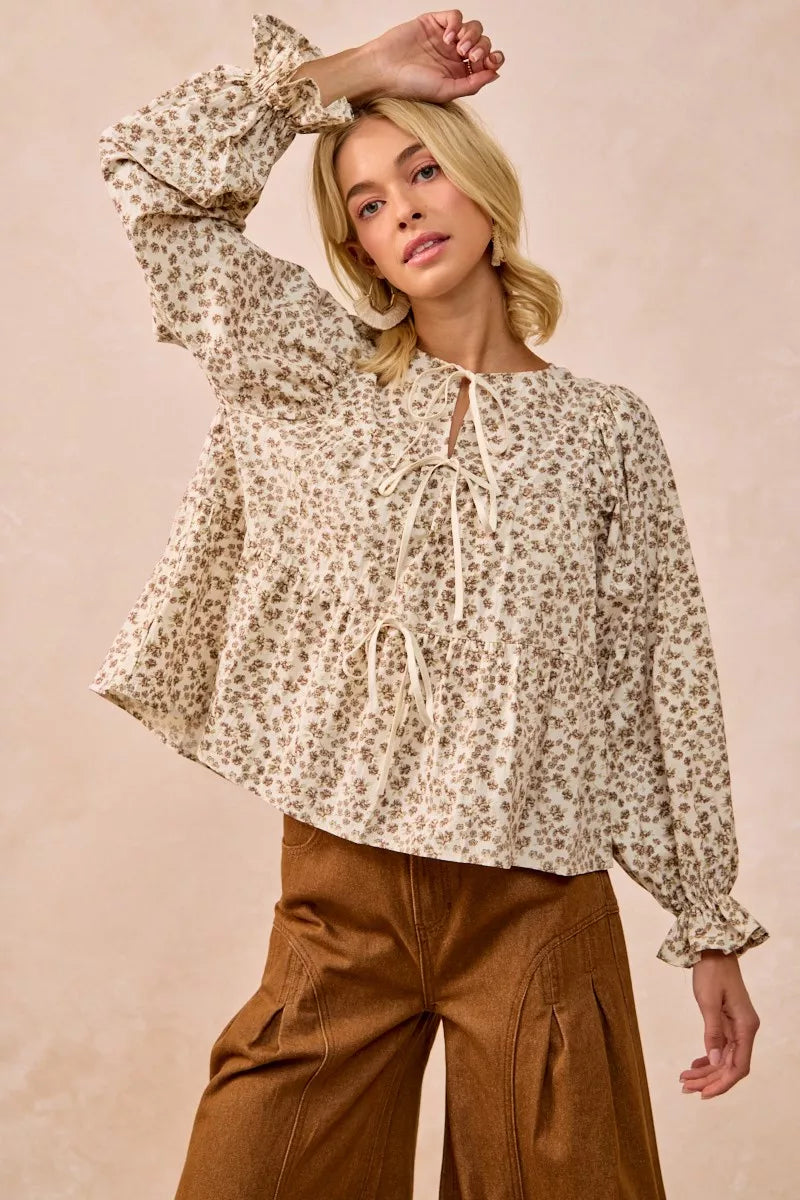 OATMEAL BiBi Floral Printed Peplum Blouse with Shirring and Tied | Blouses Daverri Fashions