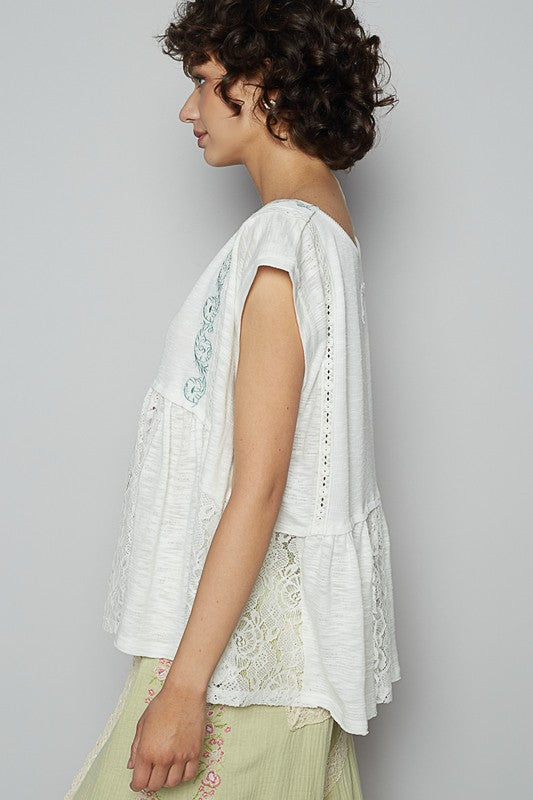 POL Embroidered Detail Boat Neck Cap Sleeve Lace Blouse Blouses