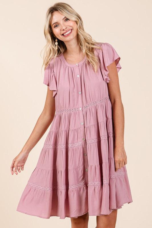 Mittoshop Lace Detail Ruffled Button Down Tiered Dress - DAVERRI FASHIONS