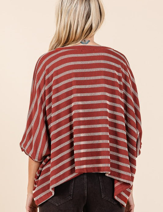 Mittoshop Texture Striped Print Round Neck Dolman Sleeve Top Tops