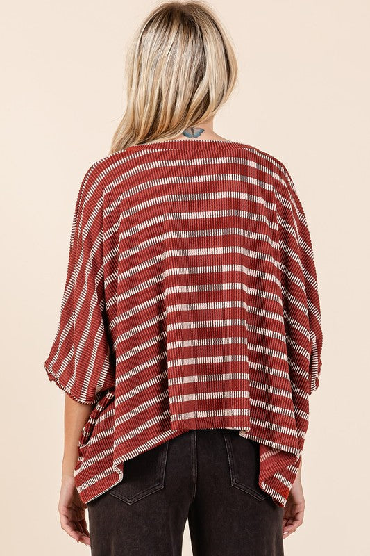 Mittoshop Texture Striped Print Round Neck Dolman Sleeve Top Tops