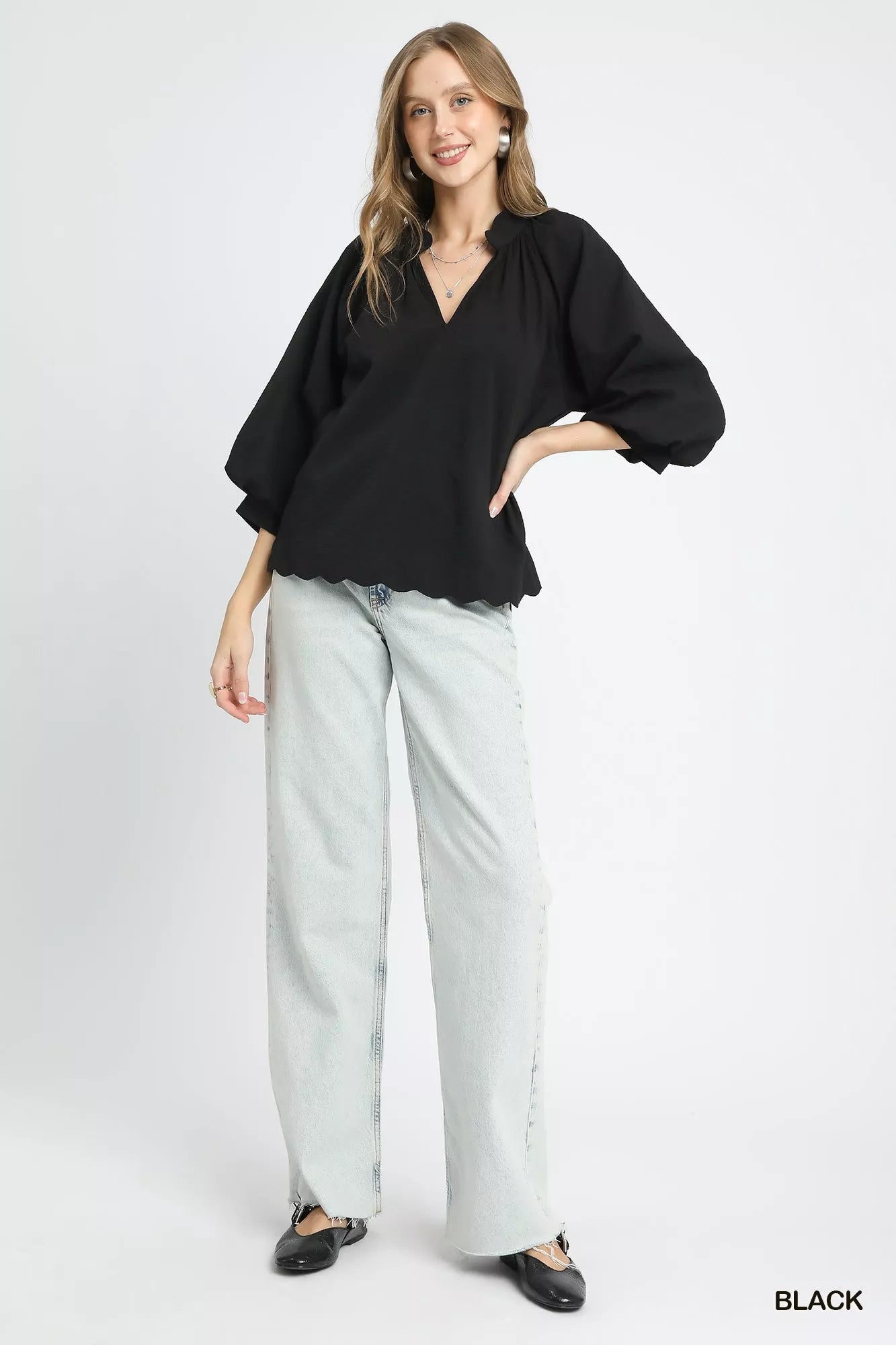 Umgee Full Size Textured Notched Balloon Sleeve Blouse Plus Size | Blouses Daverri Fashions