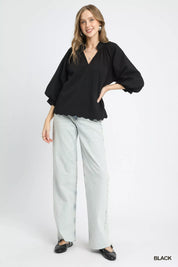 Umgee Full Size Textured Notched Balloon Sleeve Blouse Plus Size | Blouses Daverri Fashions
