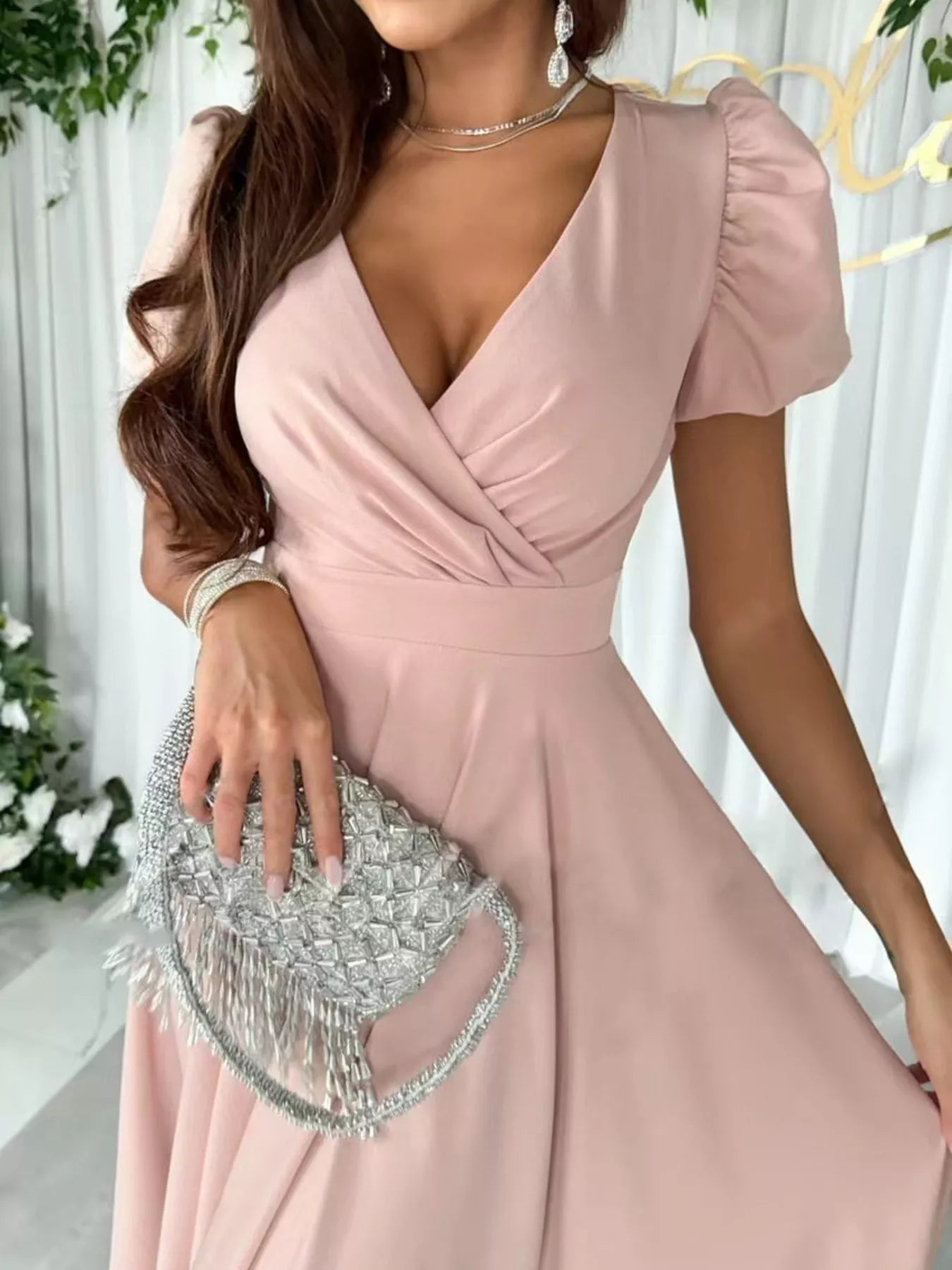 Silver beaded fringe clutch with surplice short sleeve midi dress