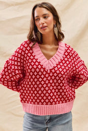 SO ME Color Block Textured Christmas Sweater V Neck Top | Sweaters Daverri Fashions