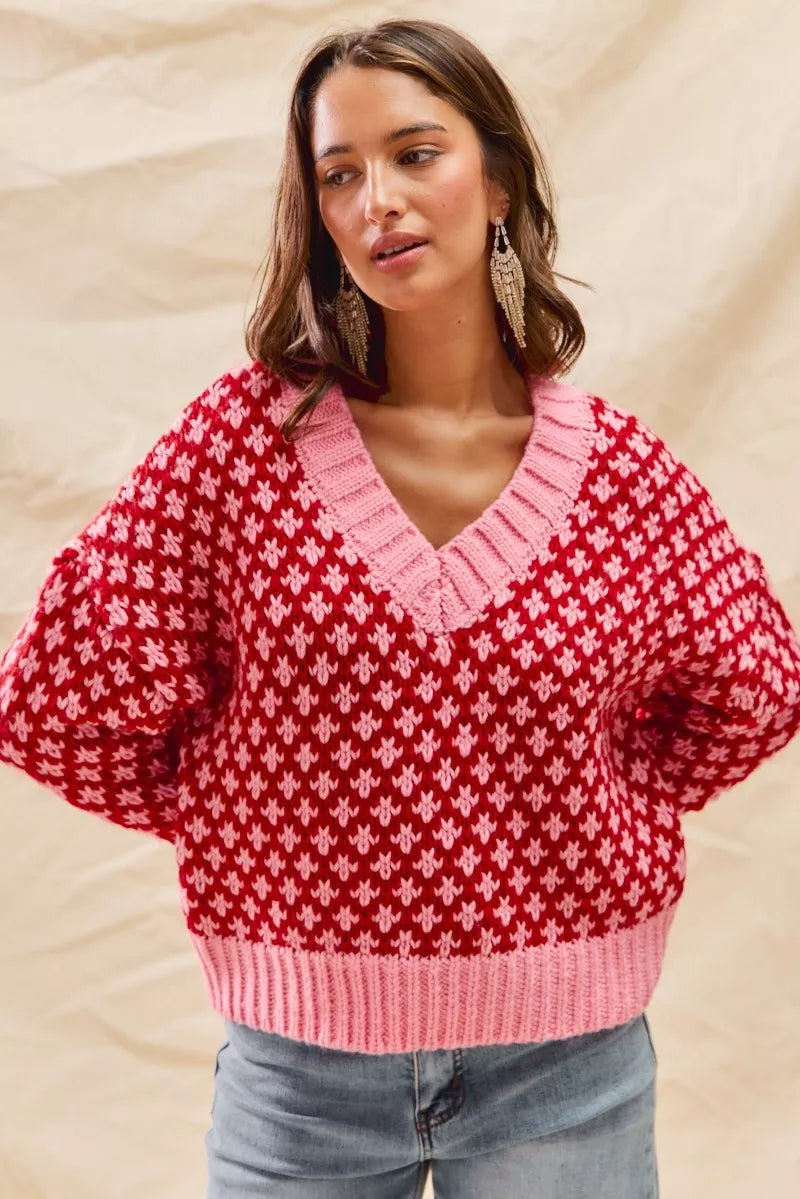 SO ME Color Block Textured Christmas Sweater V Neck Top | Sweaters Daverri Fashions