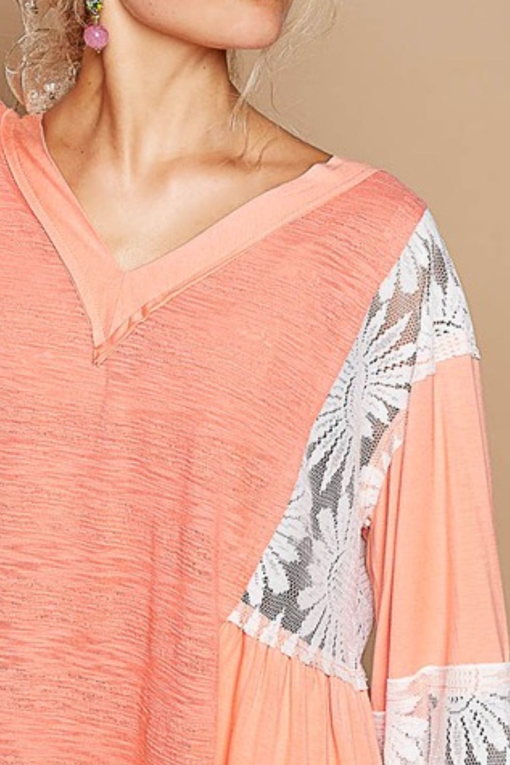 POL Lace Detail V-Neck Flare Sleeve Blouse Tops