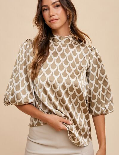 Annie Wear Tie Back Abstract Print Mock Neck Half Sleeve Blouse Khaki