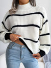 Cozy black and white striped plus size mock neck knit sweater