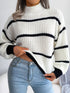 Cozy black and white striped plus size mock neck knit sweater