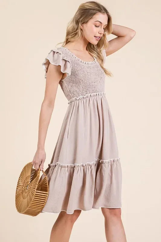 Lime 'N' Chili Ruffle Trim Smocked Dress with Contrast - DAVERRI FASHIONS