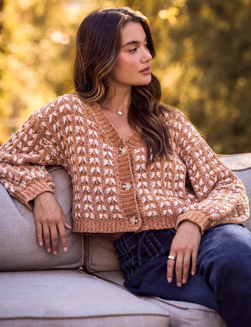 Peach and brown textured V-neck chenille cardigan sweater