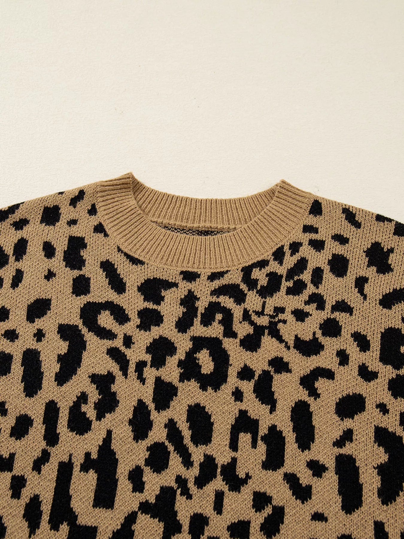 Ribbed Trim Round Neck Leopard Drop Shoulder Sweater | Sweaters Daverri Fashions