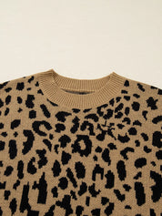 Ribbed Trim Round Neck Leopard Drop Shoulder Sweater | Sweaters Daverri Fashions