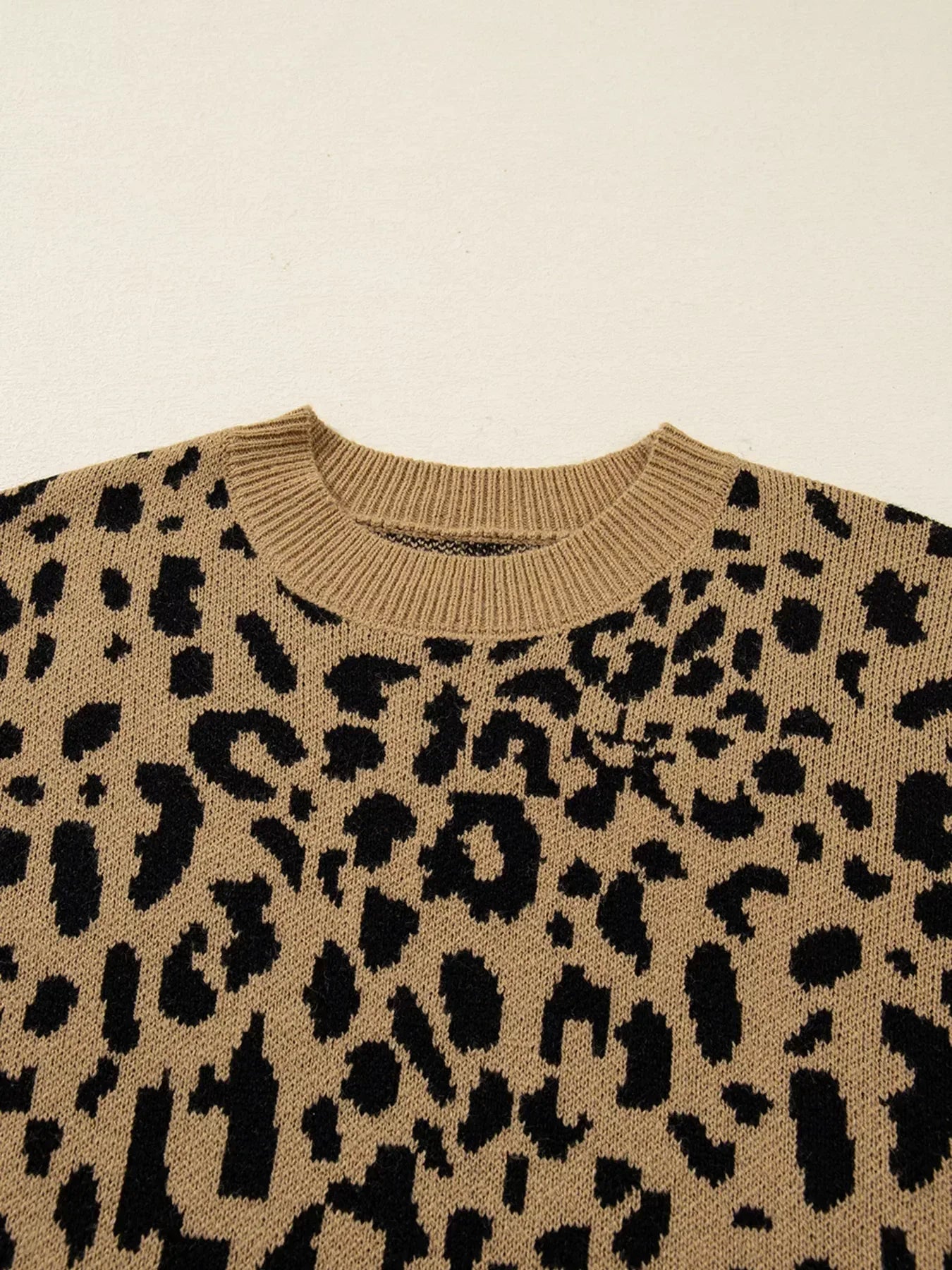 Ribbed Trim Round Neck Leopard Drop Shoulder Sweater - DAVERRI FASHIONS