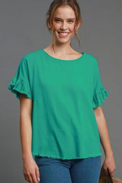 Umgee Full Size Raw Hem Ruffle Short Sleeve Blouse Plus Size Turquoise Blouses