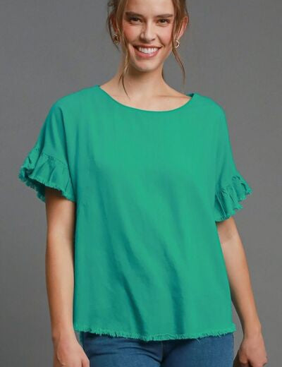 Umgee Full Size Raw Hem Ruffle Short Sleeve Blouse Plus Size Turquoise Blouses