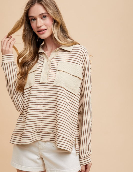 Annie Wear Striped Button Detail Long Sleeve Polo Top Taupe combo Tops