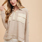 Annie Wear Striped Button Detail Long Sleeve Polo Top Taupe combo Tops