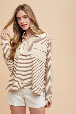 Annie Wear Striped Button Detail Long Sleeve Polo Top - DAVERRI FASHIONS