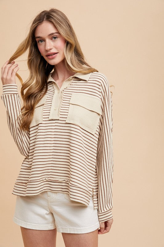 Annie Wear Striped Button Detail Long Sleeve Polo Top Taupe combo Tops