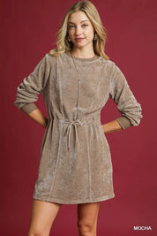 MOCHA Umgee Velour Drawstring Mini Dress with Long Sleeves | Daverri Fashions