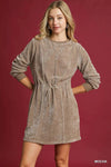 Umgee Velour Drawstring Mini Dress with Long Sleeves - DAVERRI FASHIONS