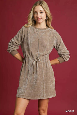 Umgee Velour Drawstring Mini Dress with Long Sleeves - DAVERRI FASHIONS