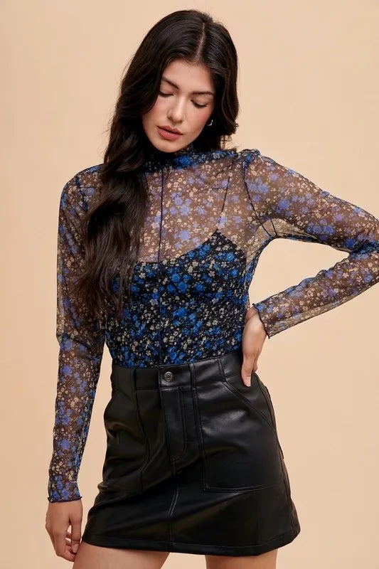 Annie Wear Floral Lettuce Hem Sheer Mesh Top | Tops Daverri Fashions