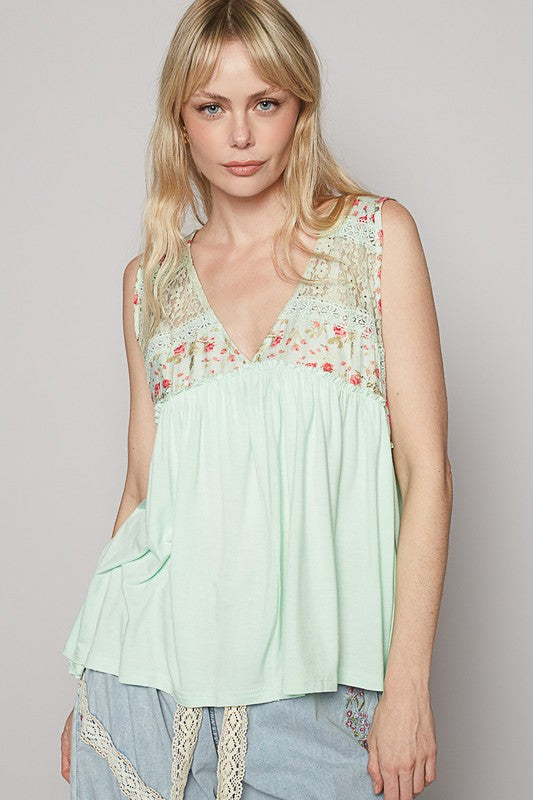 POL Lace Detail Frill Floral V-Neck Sleeveless Top Lime Cream Tops