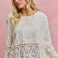 SO ME floral embroidered crochet lace trimmed top in off-white with scalloped hem