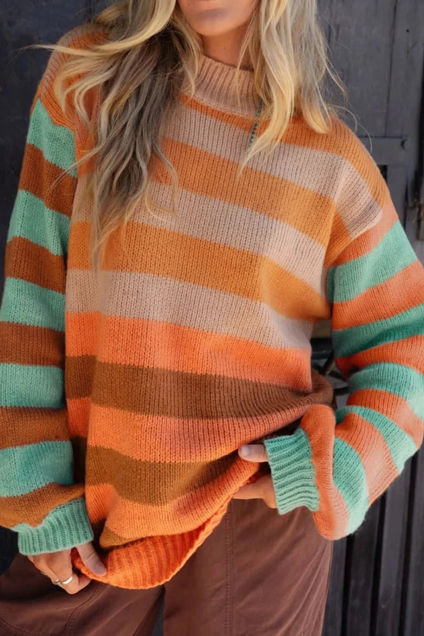 Cozy oversized Striped Rainbow Long Sleeve Sweater in orange, brown, mint stripes